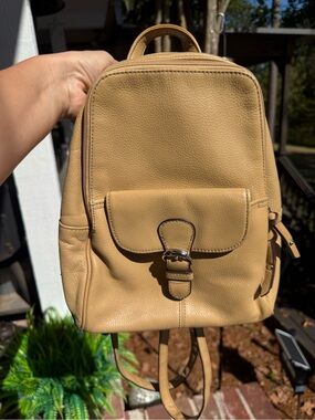 Tignanello Tan Pebbled Leather Mini Backpack with Front Buckle Pocket
